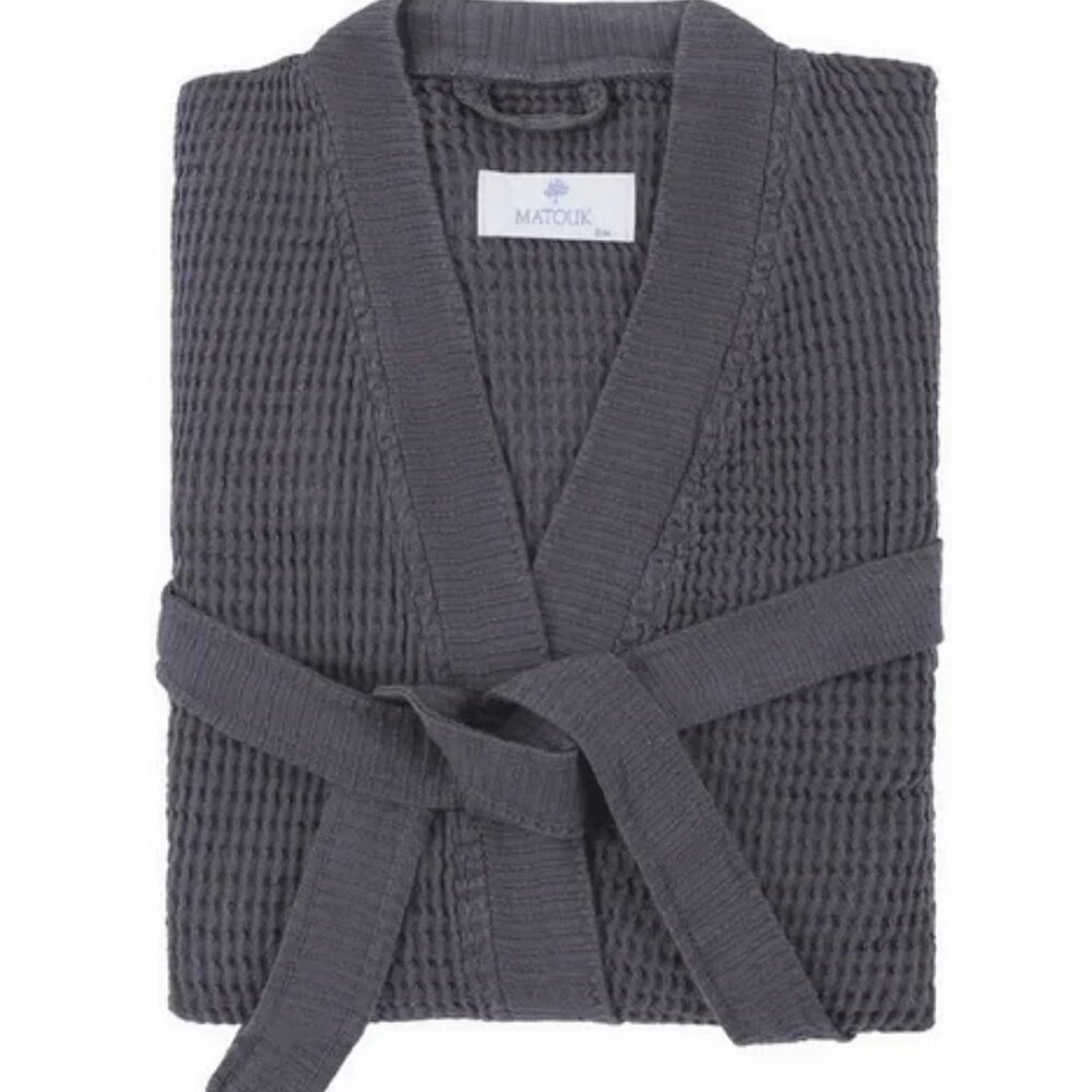 Matouk Kiran Bath Robe Gray Cotton Bamboo Blend Waffle Weave Unisex - Picture 4 of 9